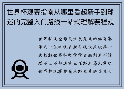 世界杯观赛指南从哪里看起新手到球迷的完整入门路线一站式理解赛程规则看点